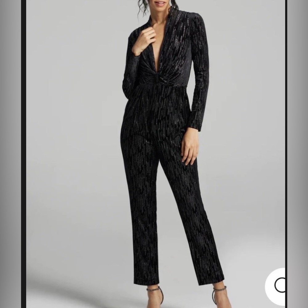 Stunning Gabrielle Union Deep V Jumpsuit Black & Silver size M stretch NWT